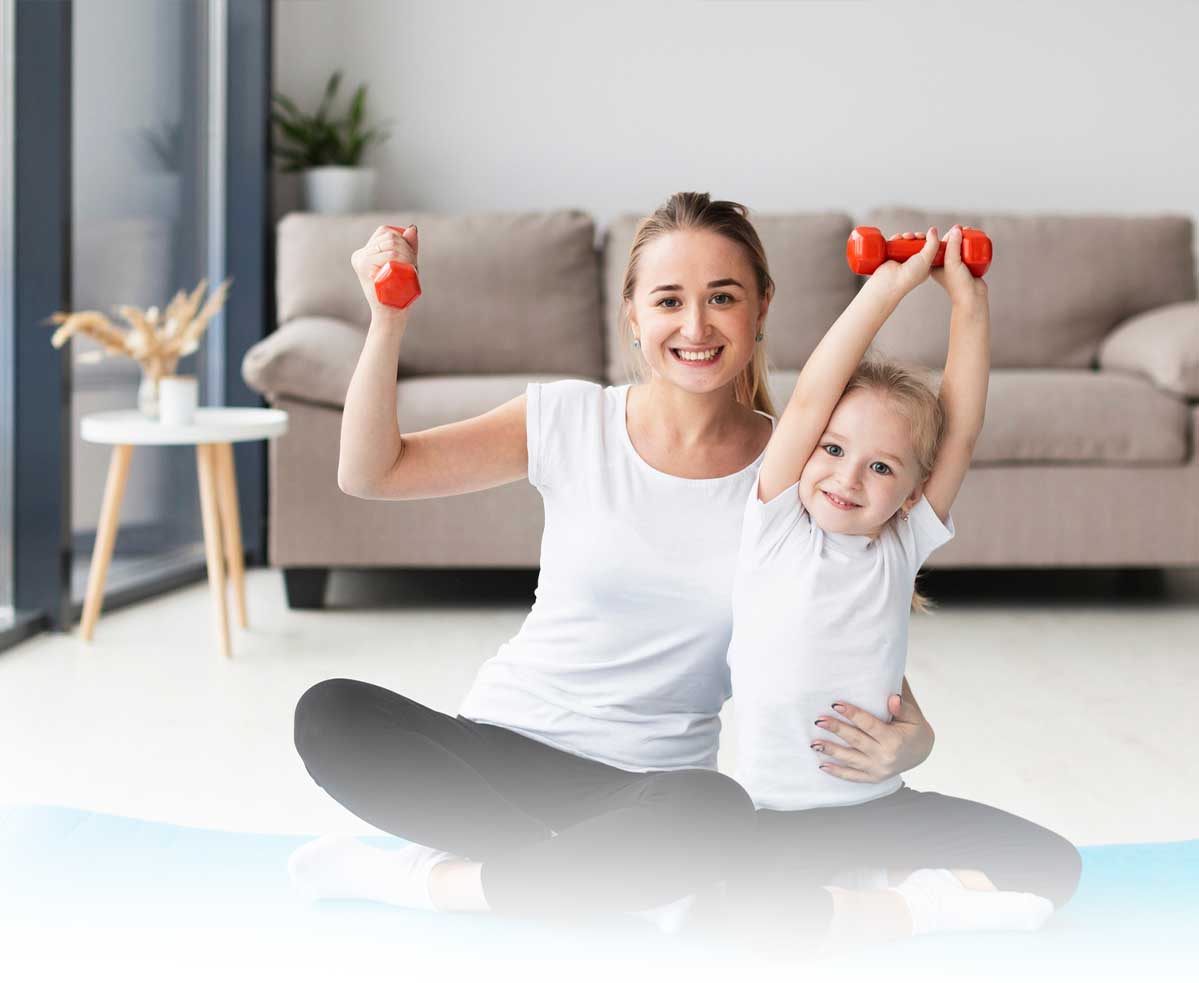 mom daughter are doing exercise home